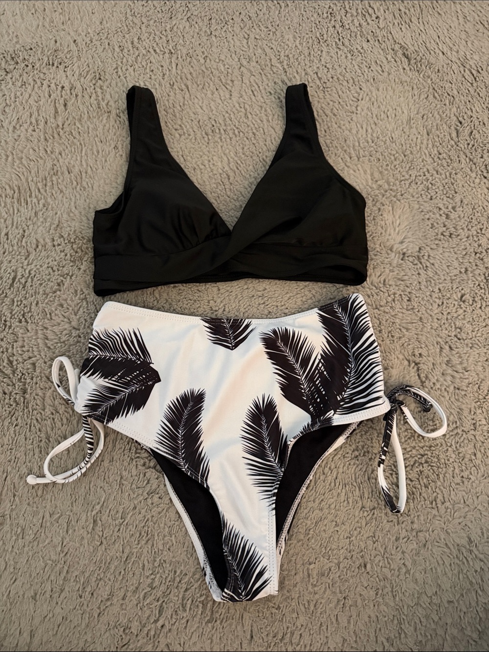 Black & White Palm Print High-Waist Bikini Set